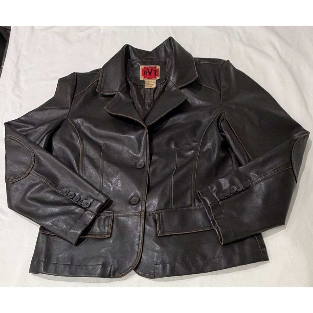 RVT Womens Faux Leather Blazer‎ Jacket Brown Elbow Patches MP011 Size M